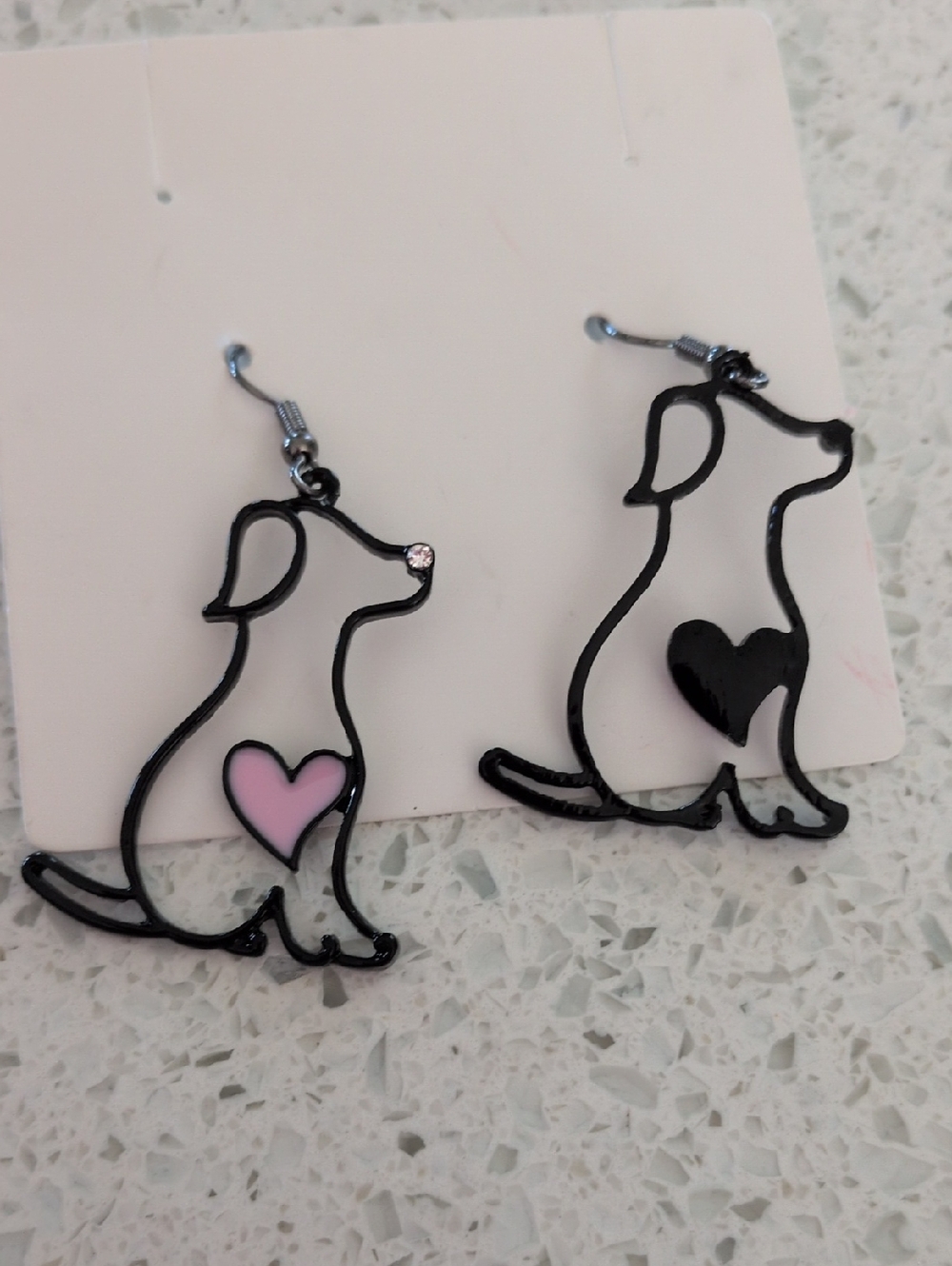 Dog Heart Dangle Earrings - Pink & Black -